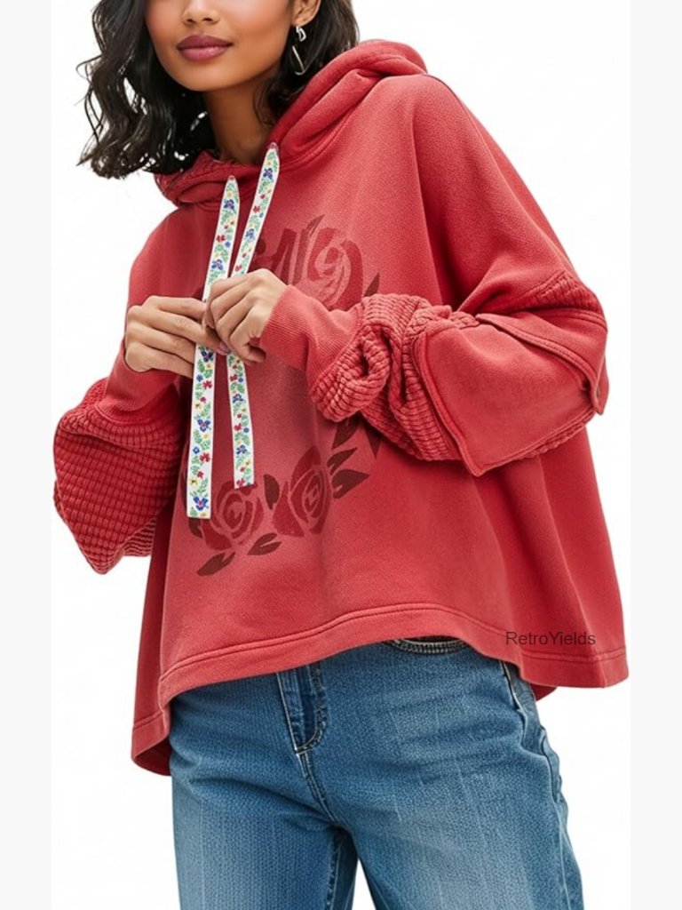 Womens Oversized Floral Patchwork Sweatshirt Waffle Drop Shoulder Casual